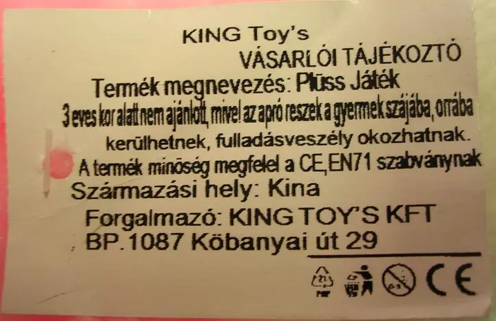 Photo de l’avis officiel: King toy's Plüss játék Jouet doux — risque: Étouffement