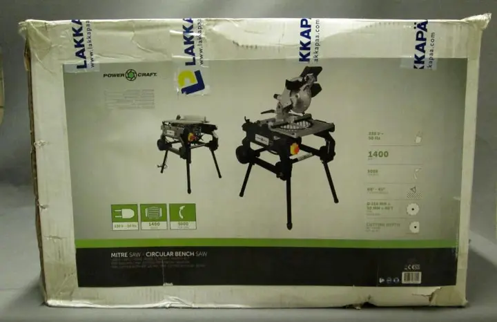 Foto dell’avviso ufficiale: Power Craft Mitre Saw - Circular Bench Saw Mitre combinato e sega da banco — rischio: Tagli & Danno alla vista
