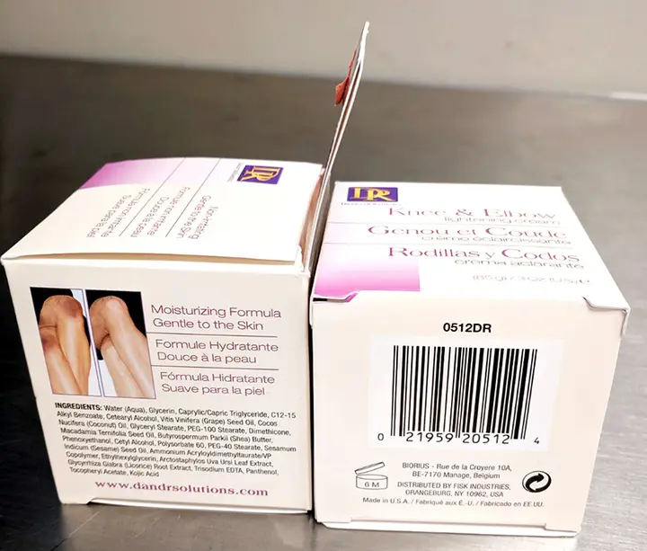 Foto aus der offiziellen Meldung: Daggett &amp; Ramsdell Knee &amp; elbow lightening cream Hautaufhellungsprodukt — Risiko: Chemikalie
