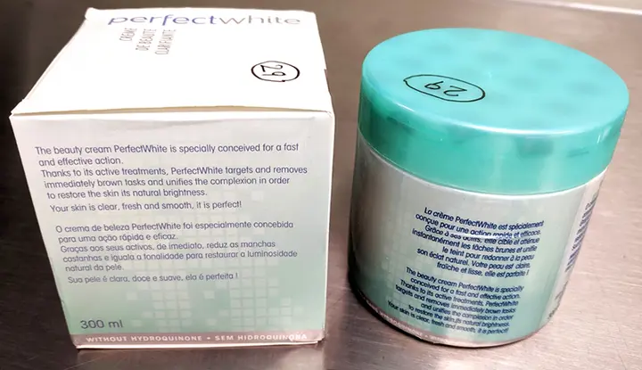 Foto aus der offiziellen Meldung: PERFECT WHITE Lightening beauty cream Hautaufhellungsprodukt — Risiko: Chemikalie