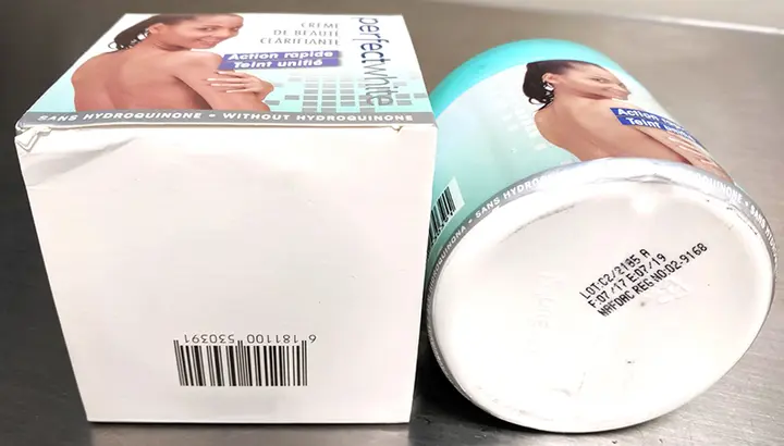 Foto aus der offiziellen Meldung: PERFECT WHITE Lightening beauty cream Hautaufhellungsprodukt — Risiko: Chemikalie