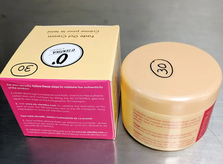 Foto dell’avviso ufficiale: O'Tentika Fade out cream Prodotto schiarimento della pelle — rischio: Rischio chimico