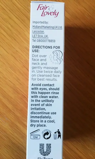 Foto do aviso oficial: Fair &amp; Lovely Brightening moisturising solution Produto de clareamento da pele — risco: Químico
