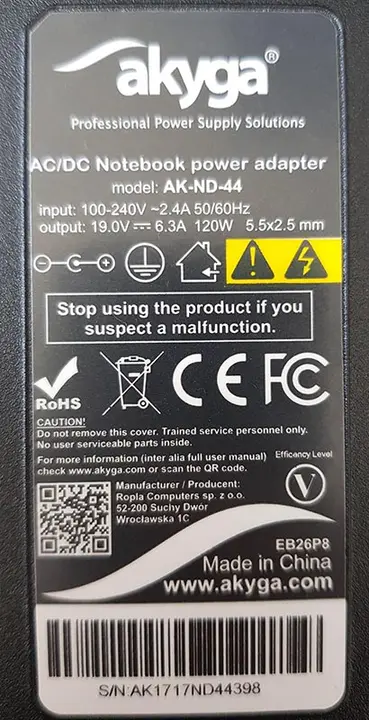 Foto dell’avviso ufficiale: Akyga notebook power supply Alimentazione del computer portatile — rischio: Ustioni & Scossa elettrica