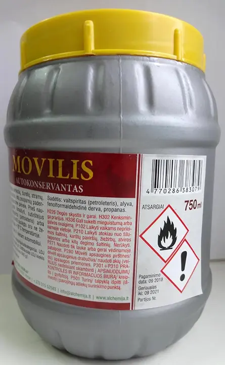 Foto uit de officiële melding: MOVILIS AUTOKONSERVANTAS MOVILIS Anticorrosieve coating — risico: Chemische risico's