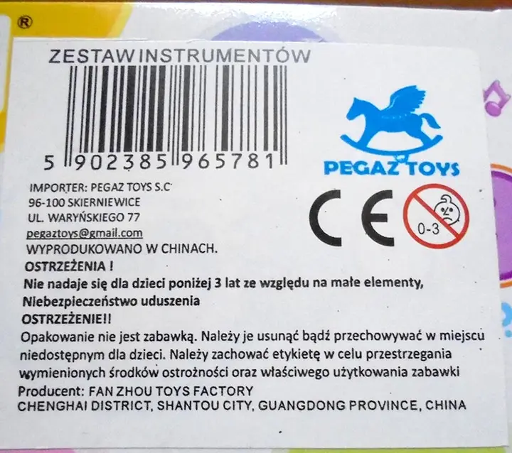Photo from the official notice: Fansheng, Pegaz Toys Zestaw instrumentow toy musical instrument set — choking & damage to hearing risk