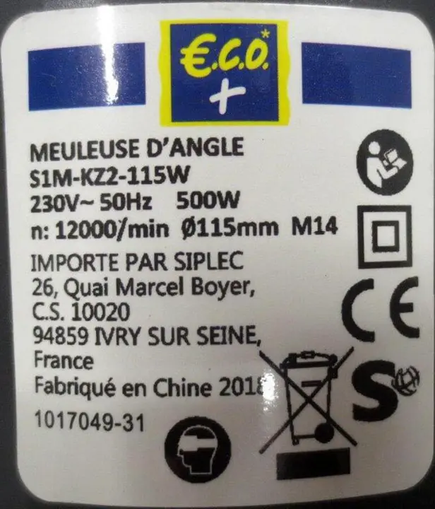 Photo de l’avis officiel: SIPLEC SPILEC S1M – KZ22 – 115W Broyeur d’angle — risque: Blessures