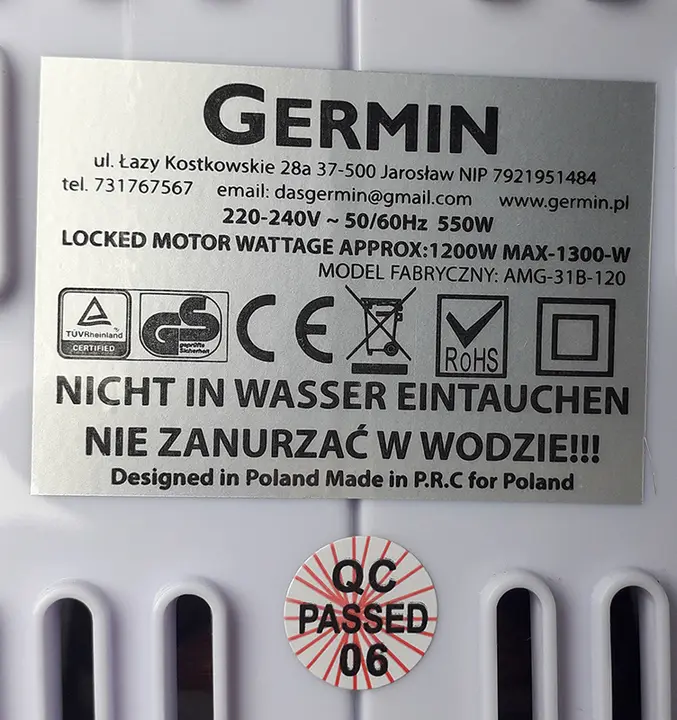 Foto aus der offiziellen Meldung: Germin Maszynka do mielenia miesa / Elektrischer Fleischwolf — Risiko: Elektrischer Schlag & Feuer
