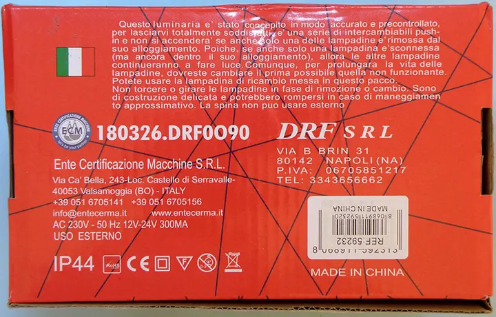 Photo from the official notice: DRF LUCI DI NATALE 380 LED 30M lighting chain — burns & electric shock risk