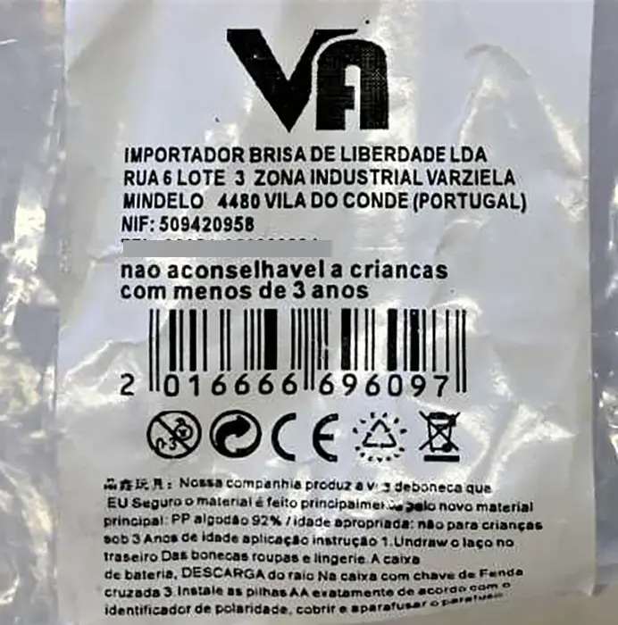 Foto do aviso oficial: VA Electricity toy (voice &amp; light doll) Brinquedo macio-cheio — risco: Químico & Engasgamento