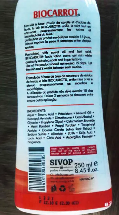 Foto do aviso oficial: Biocarrot Lightening Body Lotion Produto de clareamento da pele — risco: Químico