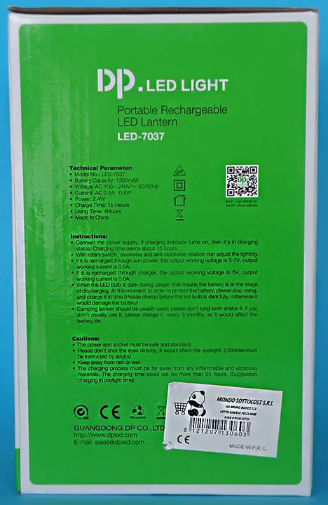 Foto aus der offiziellen Meldung: DP.LED LIGHT Portable Rechargeable LED Lantern Tragbare LED-Lampe — Risiko: Verbrennungen & Elektrischer Schlag