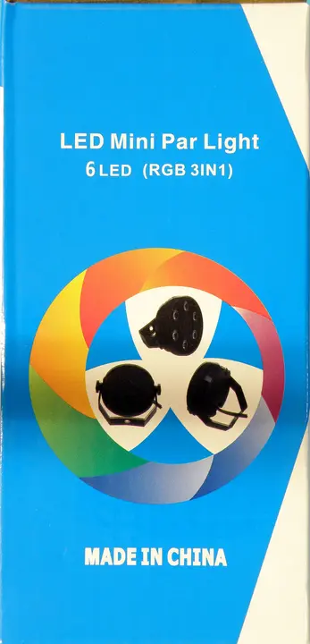 Foto do aviso oficial: LED Mini Par Light; 6LED (RGB 3 in 1); LED Light Luz do partido do diodo emissor de luz — risco: Queimaduras & Choque elétrico