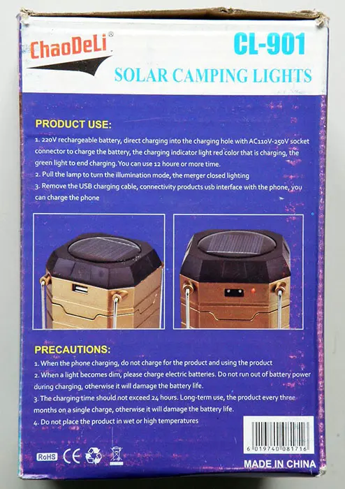 Photo de l’avis officiel: ChaoDeLi SOLAR CAMPING LIGHTS Lampe LED portable — risque: Brûlures & Choc électrique
