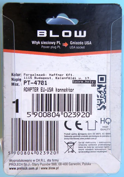 Foto uit de officiële melding: BLOW Power plug PL - USA socket / ADAPTER EU-USA konnektor Reisadapter — risico: Elektrische schok