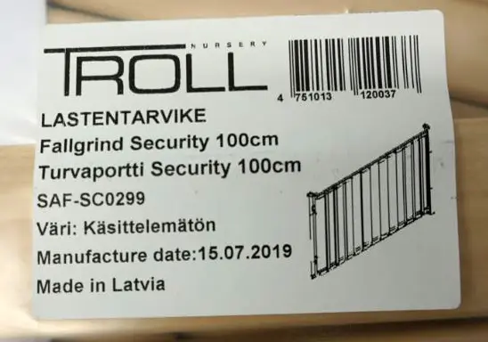 Foto dell’avviso ufficiale: Troll Safety gate Security 100 cm Cancello di sicurezza per bambini — rischio: Lesioni