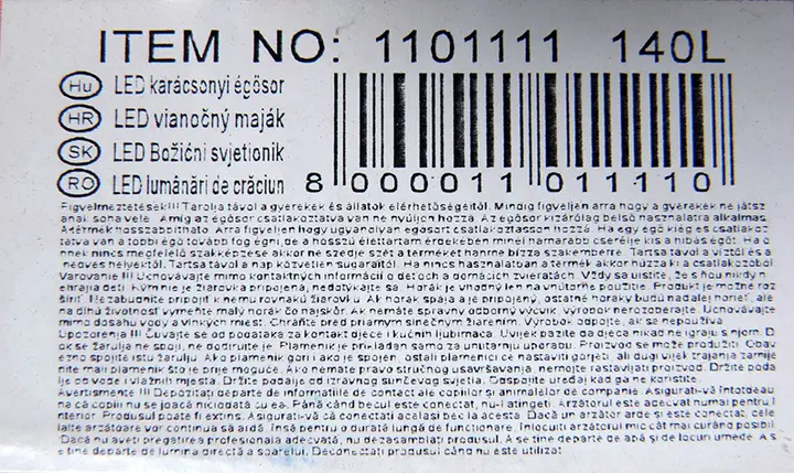 Photo from the official notice: NEW (on the packaging), LED karácsonyi égősor (on the label) lighting chain — burns & electric shock risk (A12/00637/20)