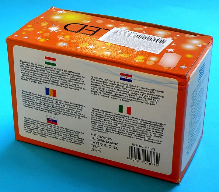 Photo from the official notice: NEW (on the packaging) , LED karácsonyi égősor (on the label) lighting chain — burns & electric shock risk
