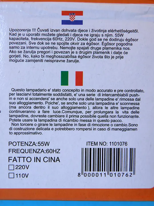 Photo from the official notice: NEW (on the packaging) , LED karácsonyi égősor (on the label) lighting chain — burns & electric shock risk