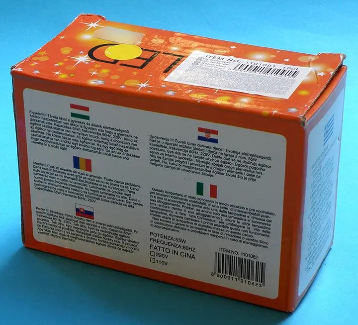 Photo from the official notice: NEW (on the packaging), LED karácsonyi égősor (on the label) lighting chain — burns & electric shock risk (A12/00639/20)