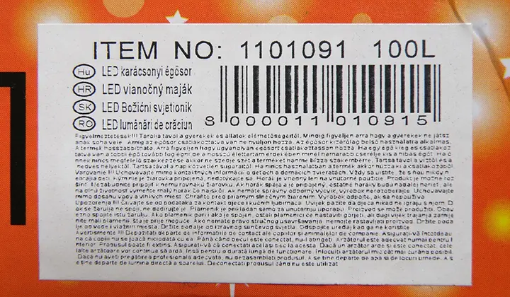 Photo from the official notice: NEW (on the packaging), LED karácsonyi égősor (on the label) lighting chain — burns & electric shock risk (A12/00639/20)