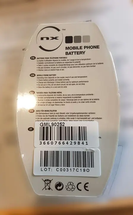 Photo from the official notice: NX Mobile Phone Battery — fire risk