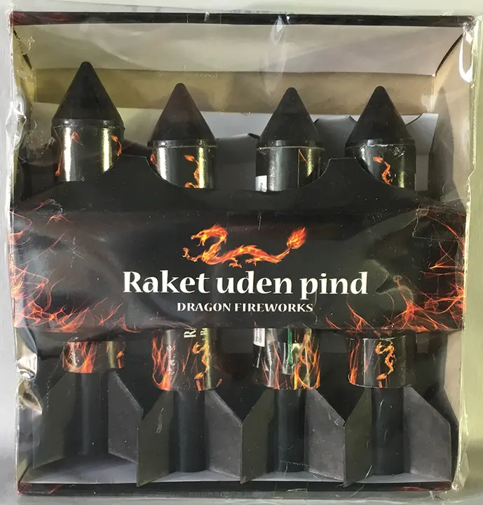 Photo from the official notice: Dragon Fireworks Raket uden pind rocket — burns & damage to hearing risk
