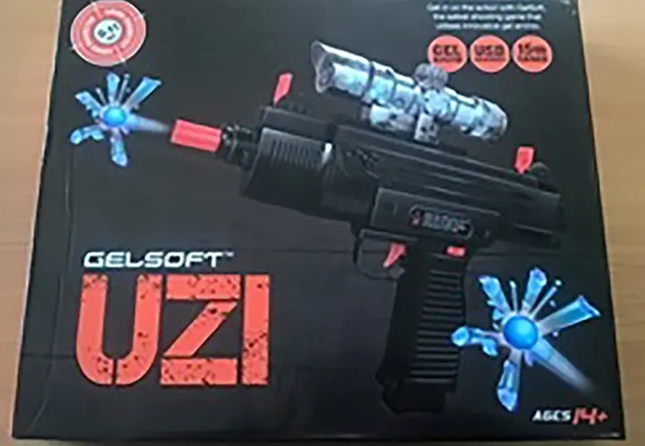 Photo from the official notice: Gel Soft UZI toy gun — choking & injuries risk