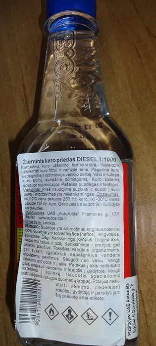 Photo from the official notice: Bioline DIESEL - Fuel Depresator Concentrate 1:1000 fuel additive — chemical risk