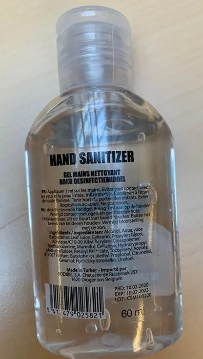 Foto uit de officiële melding: SYMEX Hand Sanitizer / Hand Desinfectiemiddel / Gel Mains Netoyant — risico: Brand & Gezondheidsrisico/overige
