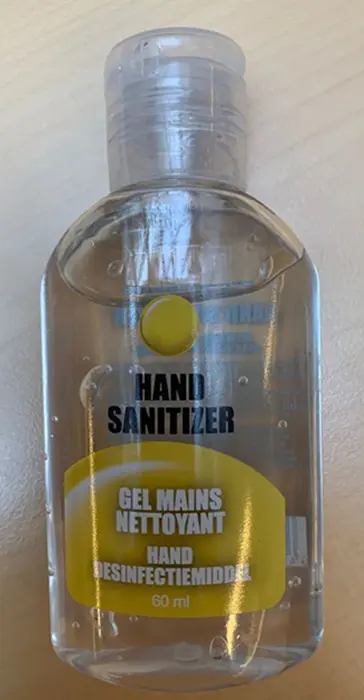 Foto uit de officiële melding: SYMEX Hand Sanitizer / Hand Desinfectiemiddel / Gel Mains Netoyant — risico: Brand & Gezondheidsrisico/overige