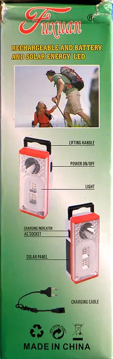 Foto uit de officiële melding: Fuxuan RECHARGEABLE AND  BATTERY AND SOLAR ENERGY LED Draagbare LED-lamp/toorts — risico: Brandwonden & Elektrische schok