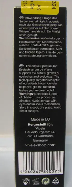 Foto aus der offiziellen Meldung: Vivele Spectacular Eyelash Conditioner Wimpernwachstumsserum — Risiko: Chemikalie
