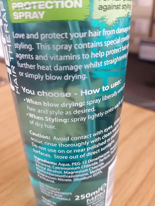 Photo de l’avis officiel: MessHead Hair Therapy Heat Protection Spray Spray pour cheveux — risque: Risque chimique