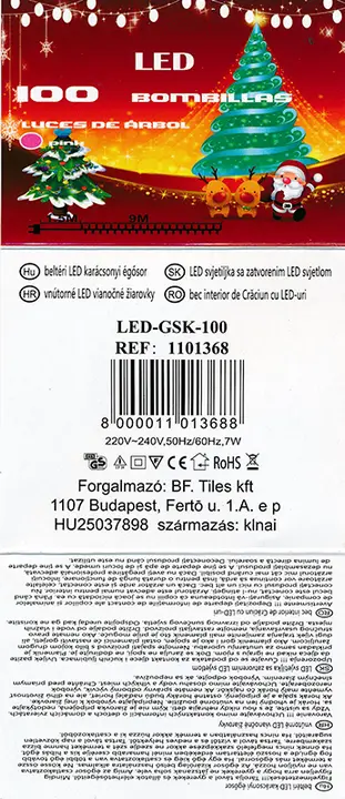 Photo from the official notice: LED 100 BOMBILLAS / beltéri LED karácsonyi égősor lighting chain — burns & electric shock risk (A12/01059/20)