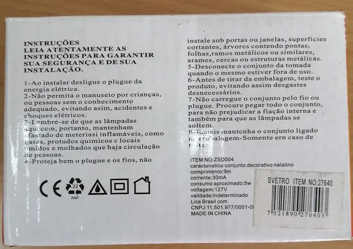 Foto do aviso oficial: LICE BRASIL 100 LED LUZ DE NATAL Corrente de iluminação — risco: Choque elétrico