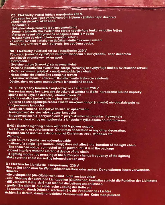 Foto dell’avviso ufficiale: Veselé Vánoce / Merry Christmas Catena di illuminazione — rischio: Scossa elettrica