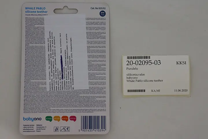 Foto del aviso oficial: Babyono Whale Pablo silicone teether Dentición — riesgo: Atragantamiento
