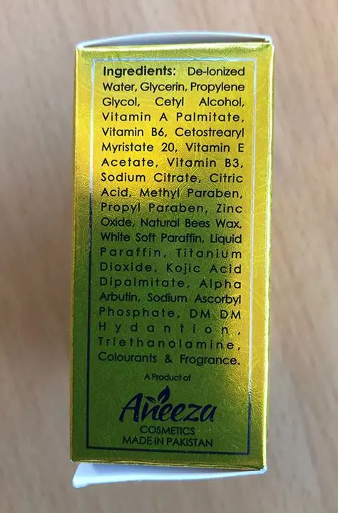 Photo de l’avis officiel: Aneeza Gold Beauty cream Crème éclaircissante pour la peau — risque: Risque chimique