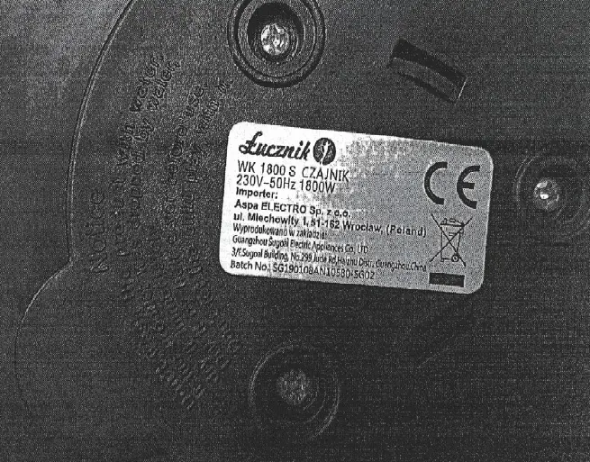Photo de l’avis officiel: Łucznik Czajnik elektryczny Bouilloire électrique — risque: Choc électrique
