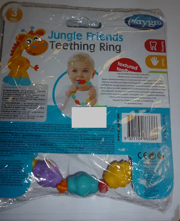 Foto dell’avviso ufficiale: Playgro Jungle Friends Teething Ring Dentifricio per bambini — rischio: Ostruzione delle vie aeree
