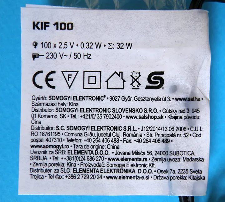 Foto do aviso oficial: Somogyi Elektronic CHRISMAS LIGHT SET / KARÁCSONYFAIZZÓ-KÉSZLET Corrente de iluminação — risco: Queimaduras & Choque elétrico