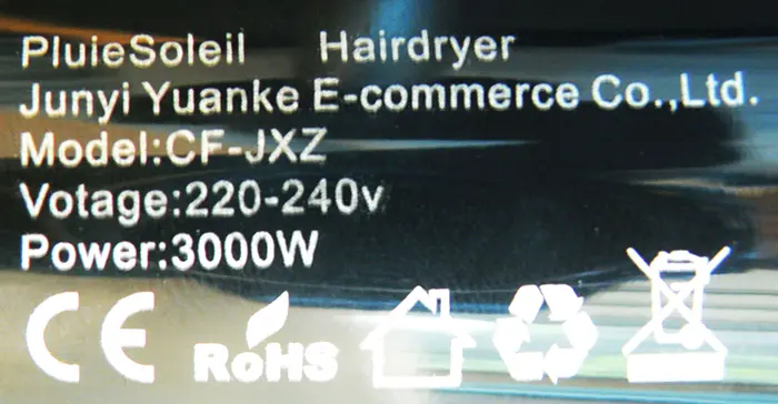 Photo de l’avis officiel: PluieSoleil Hairdryer Sèche-cheveux — risque: Choc électrique