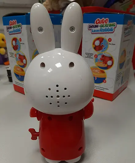 Photo from the official notice: Chuangya Toys Cute Drum-Beating Little Rabbit plastic wind-up toy — choking risk
