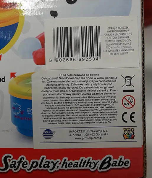 Photo from the official notice: Chuangya Toys Cute Drum-Beating Little Rabbit plastic wind-up toy — choking risk