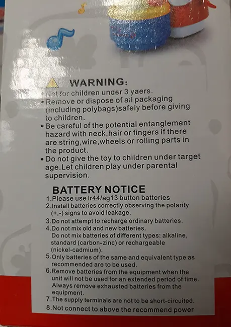 Photo from the official notice: Chuangya Toys Cute Drum-Beating Little Rabbit plastic wind-up toy — choking risk