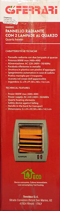 Photo de l’avis officiel: G3FERRARI Quartz heater Chauffage électrique — risque: Brûlures & Choc électrique