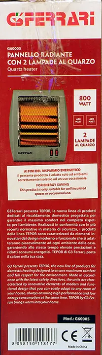 Photo de l’avis officiel: G3FERRARI Quartz heater Chauffage électrique — risque: Brûlures & Choc électrique