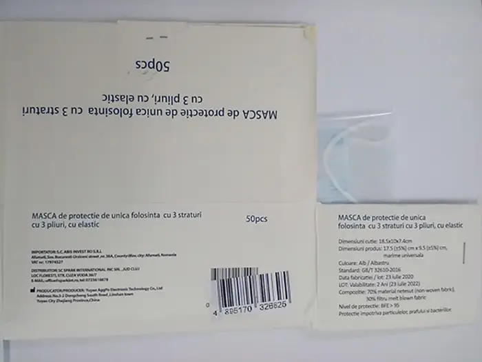 Photo from the official notice: Disposable protective mask with 3 layers with 3 folds, with elastic particle filter mask — health risk