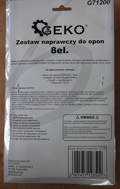 Foto dell’avviso ufficiale: Geko Zestaw naprawczy do opon Set riparazione pneumatici — rischio: Rischio chimico